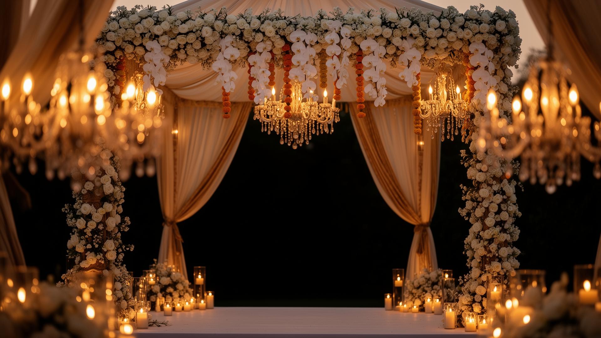 Luxury wedding mandap with chandeliers